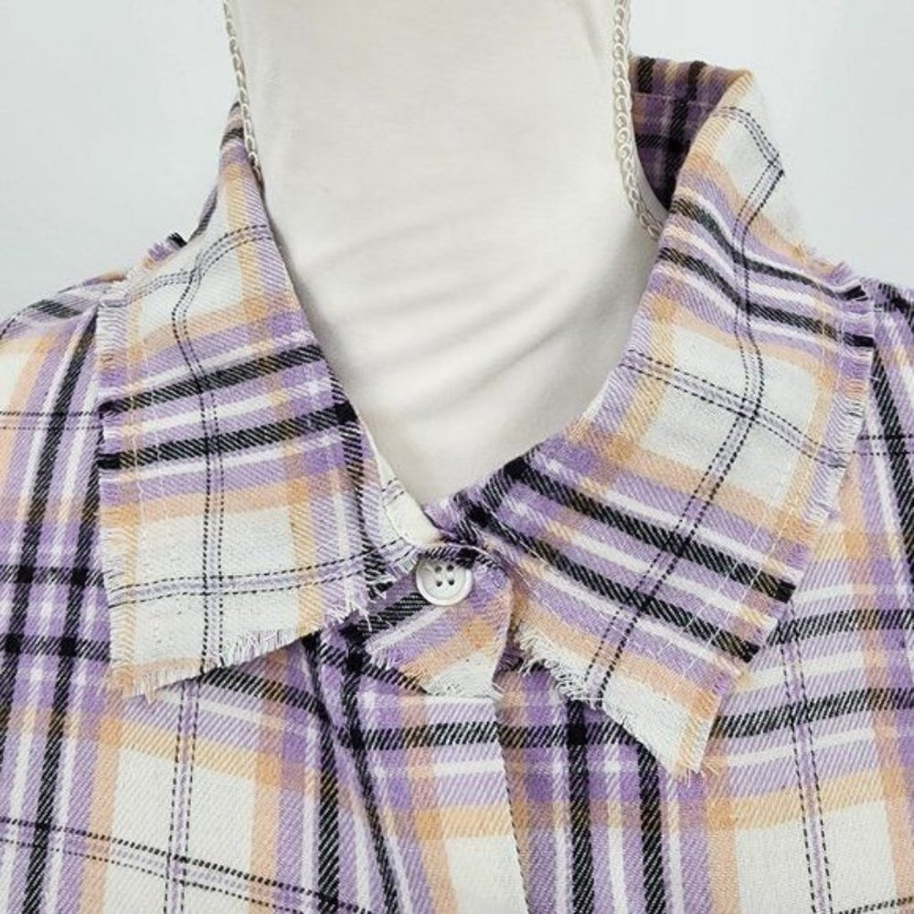 VEVERET Plaid Button Down Long Sleeve Raw Hem Shacket Shirt Lavender M & L NWT - Picture 8 of 16